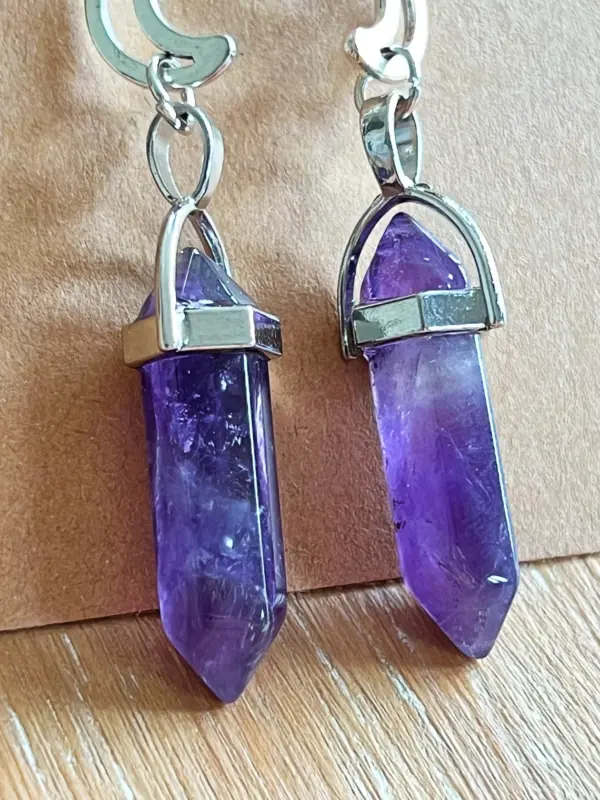 Purple Stone Moon Dangle Silver Earrings, fortune earrings